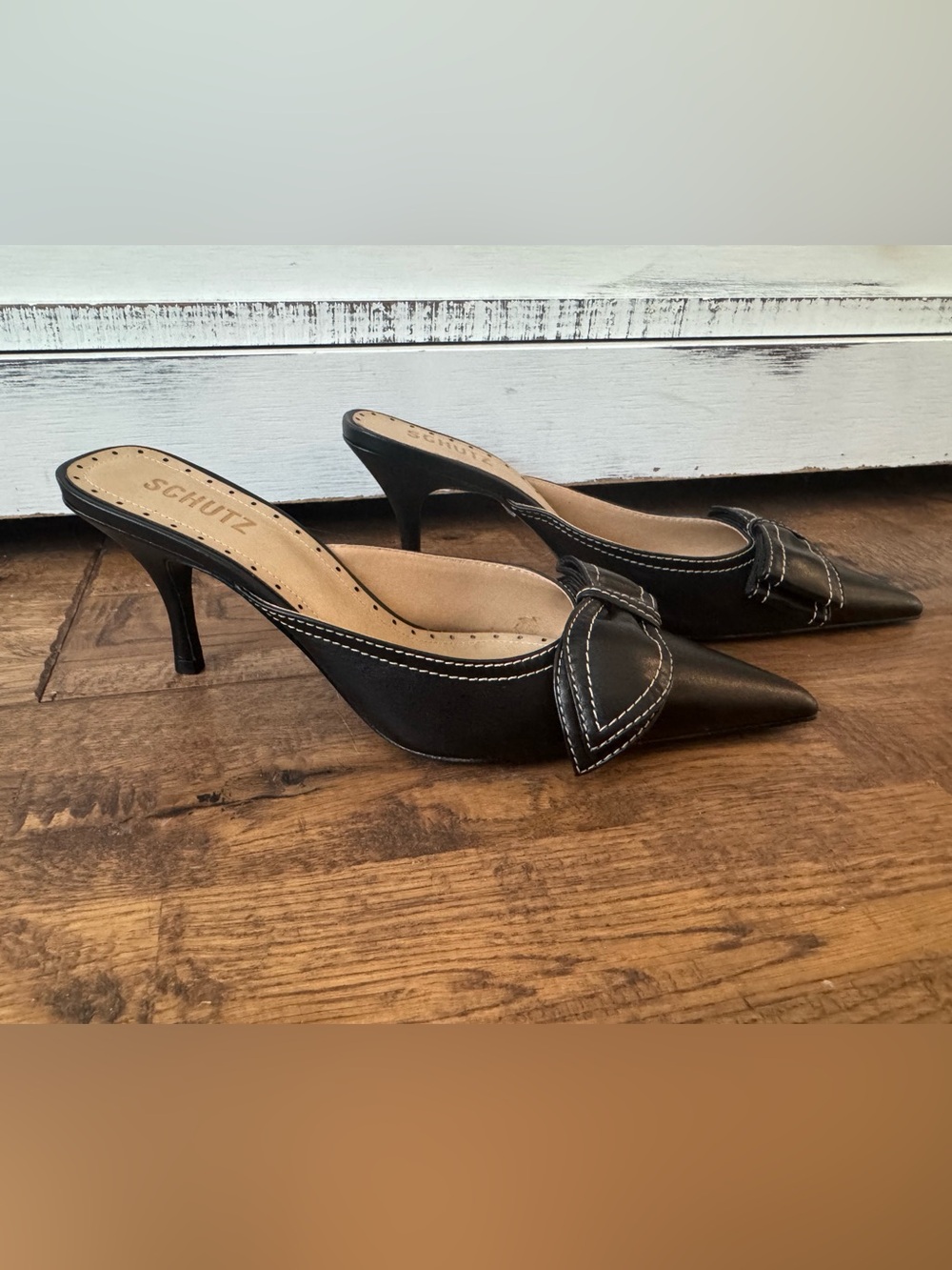 New Schutz Claire Mule Black Leather Shoes Heels Women's Size 8